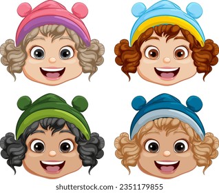 A happy girl with a chubby face wearing a variety of beanie hats in different colors