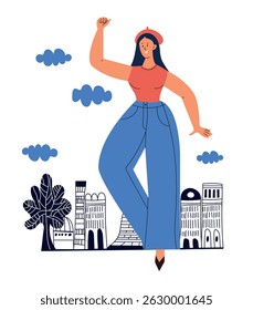 Happy girl in city. Modern urban lifestyle vector illustration. Trendy design for travel blog, postcard, fashion magazine, mobile app, social media, and poster.