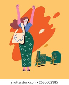 Happy girl in city. Modern urban lifestyle vector illustration. Trendy design for travel blog, postcard, fashion magazine, mobile app, social media, and poster.