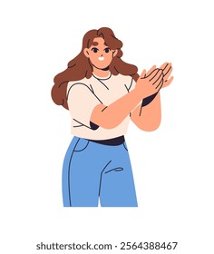 Happy girl clapping hands, congratulates with win. Cute young woman applauding, celebrates victory, rejoices at success. Person shows support with applause. Flat isolated vector illustration on white