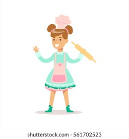 Happy Girl In Classic Girly Color Clothes Smiling Cartoon Character Cooking In Apron With Rolling Pin