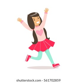 Happy Girl In Classic Girly Color Sweater WIth Heart Print And Ponytails Smiling Cartoon Character