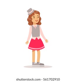 Happy Girl In Classic Girly Color Clothes And Grey Top Hat Standing Smiling Cartoon Character