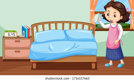 Happy Girl Cleaning Bedroom Illustration