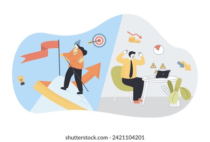 Happy girl climbing mountain of success versus sad man with laptop failing in business. Target, lightbulb, money, warning signs on background. Personal growth, setting goals, failures concept
