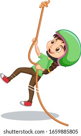 Happy girl climbing rope on white background illustration