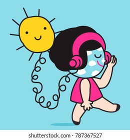 Happy Girl With Cloud And Sky On Her Face While Listening To The Music From Smiling Sun Concept Card Character illustration