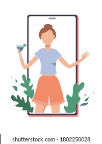 Happy girl with cocktail on the phone screen. Online party, birthday, or meeting friends concept. Quarantine party vector flat illustration.