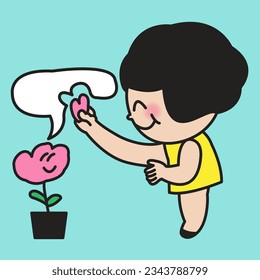 A Happy Girl Collecting A Heart Shaped Sign Of Love From Flowers' Speech Bubble. Nature Bringing And Boosting Energy And Happiness Concept Card Character illustration