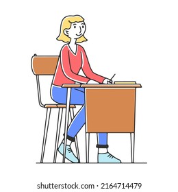 Happy girl at college classroom studying lesson flat vector illustration. Young people in class listening lecture and teacher explaining theme