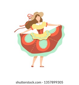 Happy Girl in Colorful Dress and Straw Hat at Traditional Brazil June Festival, Festa Junina. Vector Illustration.