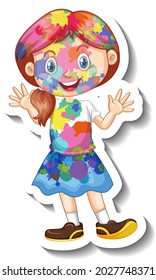 Happy girl with colour on her body sticker on white background illustration