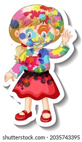 Happy girl with colour on her body sticker on white background illustration