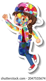 Happy girl with colour on her body sticker on white background illustration