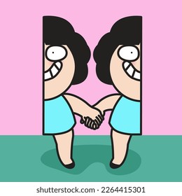 Happy Girl Is Complete By Holding Herself Hands. Be Yourself Other Half Concept Card Character illustration