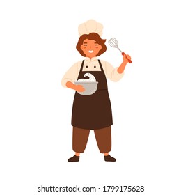 Happy girl confectioner holding bowl with whipped cream and corolla vector flat illustration. Smiling little chef in cooking apron and toque preparing dessert isolated on white. Cute kid in uniform