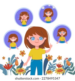 Happy girl controlling emotions vector illustration. Young woman in flowers laughing, crying, arguing, smiling on white background. Emotional intelligence, self-care, mental health concept