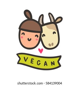 Happy girl and cow. Vegan hand drawn vector cartoon illustration