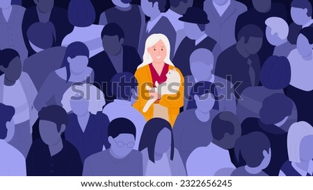 Happy girl in crowd vector illustration. Cartoon satisfied woman with smile on face holding cute cat, depressed sad faceless adult characters around, indifference and loneliness of unhappy society