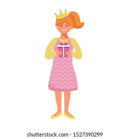Happy girl in crown with gift box flat vector illustration. Birthday party celebration. Cheerful cute little kid in pink dress hold present isolated cartoon character on white background