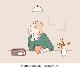  happy girl with a cup of coffee .Hand drawn style vector design illustrations.