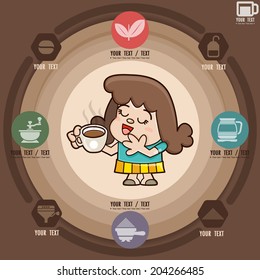 Happy girl with cup of coffee and coffee icons vector, illustration of cartoon, Info graphics elements
