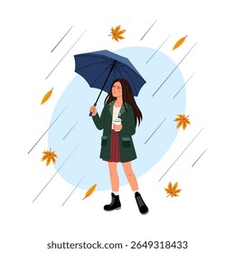 Happy girl with cup of coffee under an umbrella is walking in rain. Good vibes, positive attitude. Vector illustration. Walking in the Rain