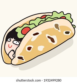Happy Girl Curl Rolled Up In Her Favorite Vegan Tortilla. Character in Wrap Card illustration Concept