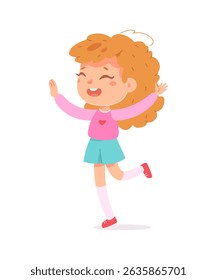 Happy girl with curly orange hair, wearing pink shirt with heart, blue skirt, and red shoes. Smiling child character with raised hands on white background, dancing or celebrating. Vector illustration.