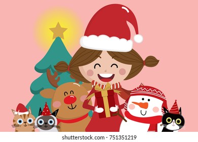 happy girl with cute cat, snowman, reindeer and Christmas tree.  vector and background