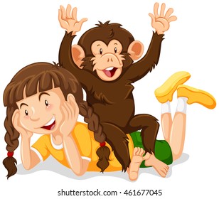 Happy girl and cute monkey illustration