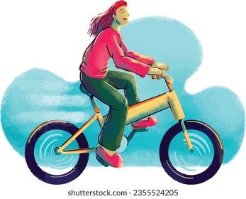 Happy Girl Cycling around the City Vintage Watercolor Illustration