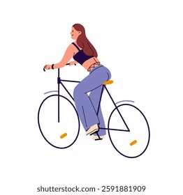 Happy girl cycling outdoors in summer. Young woman rides on bicycle, eco transport. Bike rider, bicyclist, cyclist has fun, does sports at walk. Flat isolated vector illustration on white background