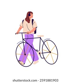 Happy girl cyclist goes near bicycle, looks around. Young woman with headphones listens to music while cycling. Bicyclist is on a bike ride. Flat isolated vector illustration on white background