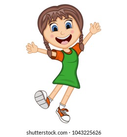 Happy girl, dance, jump and cheerful cartoon vector illustration