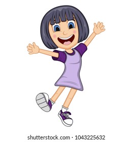Happy girl, dance, jump and cheerful cartoon vector illustration