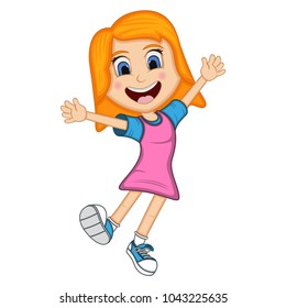 Happy girl, dance, jump and cheerful cartoon vector illustration
