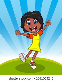 Happy girl, dance, jump and cheerful with background cartoon vector illustration