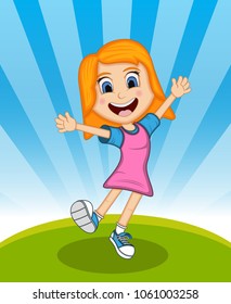 Happy girl, dance, jump and cheerful with background cartoon vector illustration