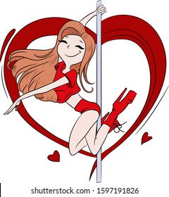 
Happy girl dancer on a pole with a heart