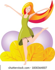 Happy girl dancer. Smiling young woman enjoying life, air lightness. Bright vector illustration. Balls, autumn, happiness, green dress, umbrella, sunny life. Girl ballerina
