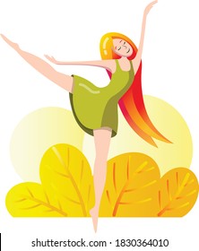 Happy girl dancer. Smiling young woman enjoying life, air lightness. Bright vector illustration. Balls, autumn, happiness, green dress, umbrella, sunny life. Girl ballerina