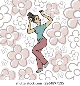 happy girl dancing among flowers