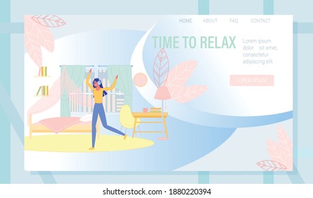 Happy Girl Dancing Listening Music via Headphones. Musical Application, Online Radio Streaming Service, Musician Blog. Time to Relax. Landing Page with Home Interior Design. Vector Illustration