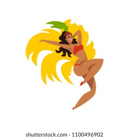 Happy girl dancing samba, beautiful Brazilian woman in festive costume with bright plumage vector Illustration on a white background