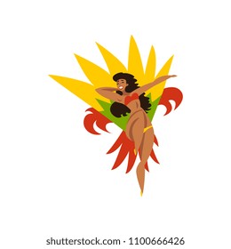 Happy girl dancing samba, beautiful Brazilian woman in bright carnival costume vector Illustration on a white background