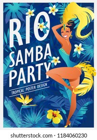 Happy girl dancing samba, beautiful Brazilian woman in festive costume with bright plumage vector Illustration on a jungle background.