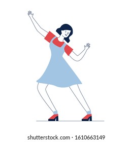 Happy girl dancing twist. Cartoon young woman in dress enjoying retro party flat vector illustration. Having fun, action, leisure concept for banner, website design or landing web page