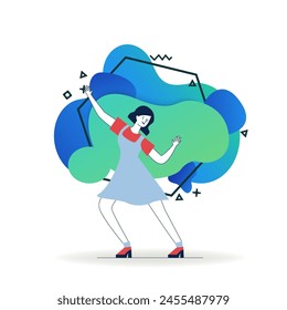 Happy girl dancing twist. Cartoon young woman in dress enjoying retro party flat vector illustration. Having fun, action, leisure concept for banner, website design or landing web page