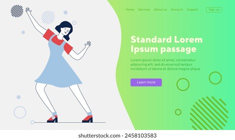 Happy girl dancing twist. Cartoon young woman in dress enjoying retro party flat vector illustration. Having fun, action, leisure concept for banner, website design or landing web page